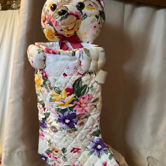 TEDDY BEAR QUILTED CHRISTMAS STOCKING NEW FLORAL - Picture 2 of 5